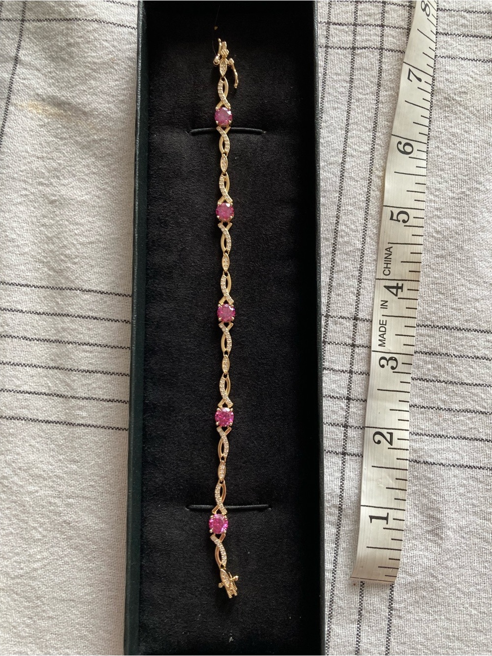 Gold filled Link Bracelet with Pink Gem Accents CZ stones